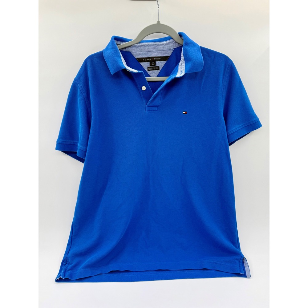 Tommy Hilfiger Mens Performance Pique Polo Shirt Blue LG Short Sleeve Logo